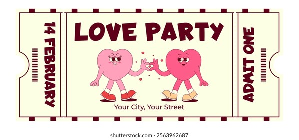 Colorful vintage love party ticket.Lovely cute couple hearts character in retro groovy style.Details events,barcode,date,time. Valentines day,February 14.Flat vector illustration on white background