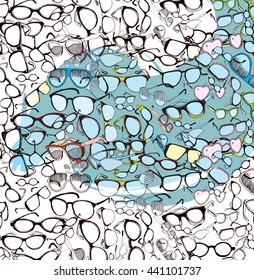 Colorful Vintage and Modern Glasses Collage. Ophthalmology.Hand drawn,color illustration in doodle style.