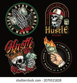 Colorful vintage money badges with skeleton hands holding dollar bills gun roses skulls in baseball cap and gold crown male hand holding burning dollar banknote isolated vector illustration