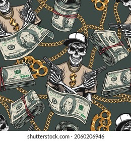 Colorful Vintage Money Seamless Pattern With Gold Chains Knuckles Dollar Banknotes Skeleton Gangster Wearing Dollar Sign Pendant And Holding Guns Vector Illustration