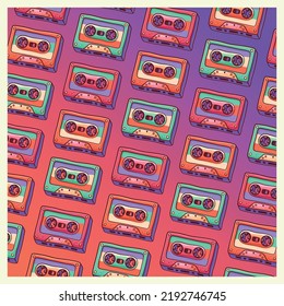 Colorful vintage music cassettes in the form of a pattern