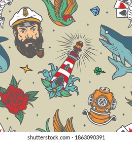 Colorful vintage nautical seamless pattern with sea captain head shark lighthouse swallow playing cards diving helmet rose flower vector illustration