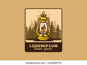 Colorful vintage outdoor lantern with fire flame between pine trees illustration design