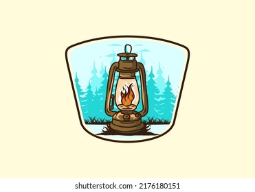 Colorful vintage outdoor lantern with fire flame between pine trees illustration design