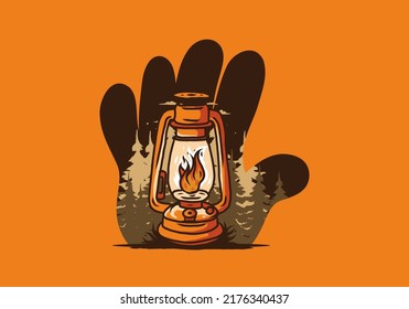 Colorful vintage outdoor lantern with fire flame between pine trees illustration design