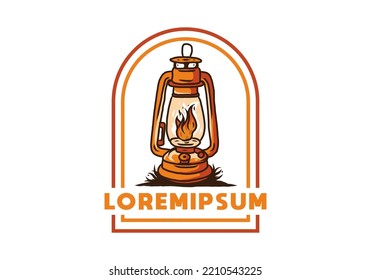 Colorful vintage outdoor lantern with fire flame between pine trees illustration design