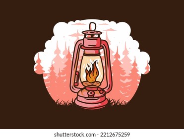 Colorful vintage outdoor lantern with fire flame between pine trees illustration design