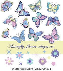 Colorido, vintage, borboleta pastel, com flores bonitas e estrelas