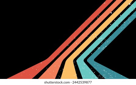 Colorful vintage perspective lines on a black background in retro style 70s, 80s 1970s, 1980s. Striped banner, background, poster or wallpaper. Vector illustration.