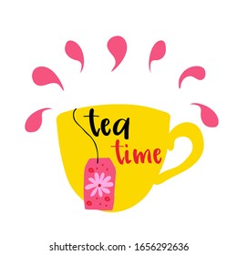Colorful vintage poster with inscription Tea Time, drawn on white background. Hand drawn vector illustration. Perfect for card, poster or merchandise for cafe or kitchen.