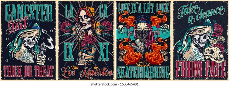 Colorful Vintage Posters Collection With Gangster Dia De Los Muertos Skateboarding And Chicano Tattoo Style Covers Vector Illustration