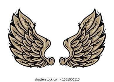 Colorful vintage retro wings angels and birds isolated vector illustration in tattoo style. Design element for logo, badge, tattoo, t-shirt, banner, poster.