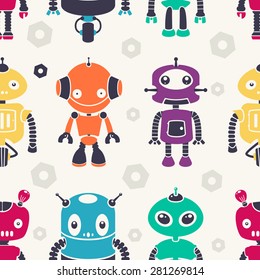 Colorful vintage robots. Seamless vector pattern.
