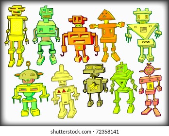 Colorful Vintage Robots Set (vector)