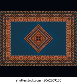 Colorful vintage rug in shades of blue with red, beige and brown patterns around the edges and a beautiful rhombus in the center on a black background