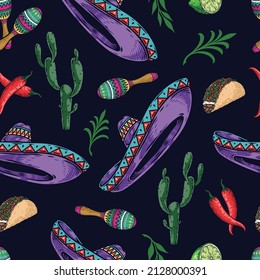 Colorful vintage seamless pattern with falling purple sombreros, maracas, red chili peppers, cactuses, tacos, lime and twigs on black background, vector illustration