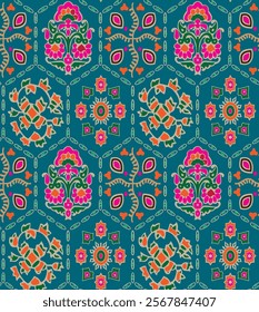 Colorful Vintage Seamless Pattern With Floral and Mandala Elements, Textile Fabrics Design Dark Pattern