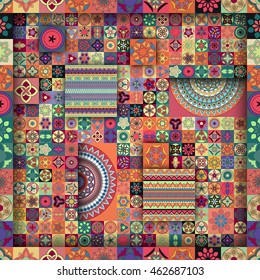 Colorful vintage seamless pattern with floral and mandala elements.Hand drawn background. Can be used for fabric, wallpaper, tile, wrapping, covers and carpet. Islam, Arabic, Indian, ottoman motifs.