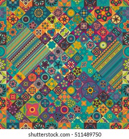 Colorful vintage seamless pattern with floral and mandala elements.Hand drawn background. Can be used for fabric, wallpaper, tile, wrapping, covers and carpet. Islam, Arabic, Indian, ottoman motifs.