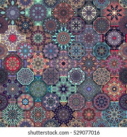 Colorful vintage seamless pattern with floral and mandala elements.Hand drawn background. Can be used for fabric, wallpaper, tile, wrapping, covers and carpet. Islam, Arabic, Indian, ottoman motifs.