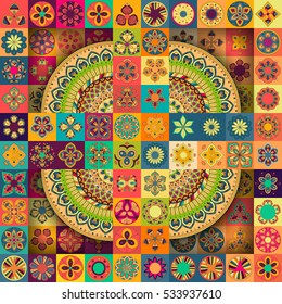 Colorful vintage seamless pattern with floral and mandala elements.Hand drawn background. Can be used for fabric, wallpaper, tile, wrapping, covers and carpet. Islam, Arabic, Indian, ottoman motifs.