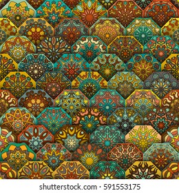 Colorful vintage seamless pattern with floral and mandala elements.Hand drawn background. Can be used for fabric, wallpaper, tile, wrapping, covers and carpet. Islam, Arabic, Indian, ottoman motifs.