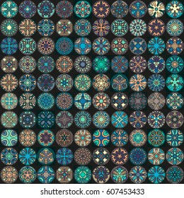 Colorful vintage seamless pattern with floral and mandala elements.Hand drawn background. Can be used for fabric, wallpaper, tile, wrapping, covers and carpet. Islam, Arabic, Indian, ottoman motifs.
