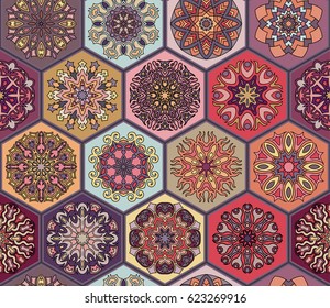 Colorful vintage seamless pattern with floral and mandala elements.Hand drawn background. Can be used for fabric, wallpaper, tile, wrapping, covers and carpet. Islam, Arabic, Indian, ottoman motifs.