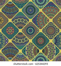 Colorful vintage seamless pattern with floral and mandala elements.Hand drawn background. Can be used for fabric, wallpaper, tile, wrapping, covers and carpet. Islam, Arabic, Indian, ottoman motifs.