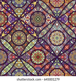 Colorful vintage seamless pattern with floral and mandala elements.Hand drawn background. Can be used for fabric, wallpaper, tile, wrapping, covers and carpet. Islam, Arabic, Indian, ottoman motifs.