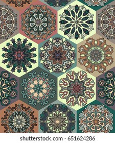 Colorful vintage seamless pattern with floral and mandala elements.Hand drawn background. Can be used for fabric, wallpaper, tile, wrapping, covers and carpet. Islam, Arabic, Indian, ottoman motifs.