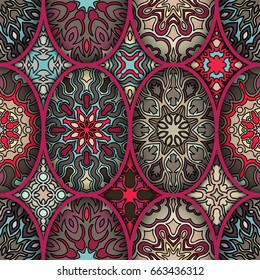 Colorful vintage seamless pattern with floral and mandala elements.Hand drawn background. Can be used for fabric, wallpaper, tile, wrapping, covers and carpet. Islam, Arabic, Indian, ottoman motifs.