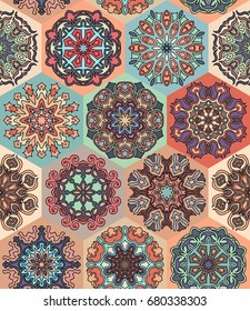 Colorful vintage seamless pattern with floral and mandala elements.Hand drawn background. Can be used for fabric, wallpaper, tile, wrapping, covers and carpet. Islam, Arabic, Indian, ottoman motifs.