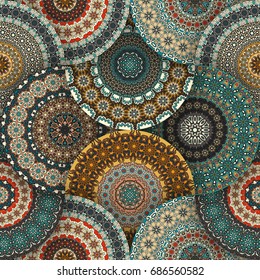 Colorful vintage seamless pattern with floral and mandala elements.Hand drawn background. Can be used for fabric, wallpaper, tile, wrapping, covers and carpet. Islam, Arabic, Indian, ottoman motifs.