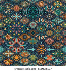 Colorful vintage seamless pattern with floral and mandala elements.Hand drawn background. Can be used for fabric, wallpaper, tile, wrapping, covers and carpet. Islam, Arabic, Indian, ottoman motifs.