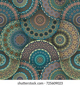 Colorful vintage seamless pattern with floral and mandala elements.Hand drawn background. Can be used for fabric, wallpaper, tile, wrapping, covers and carpet. Islam, Arabic, Indian, ottoman motifs.