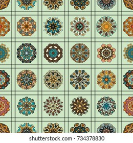 Colorful vintage seamless pattern with floral and mandala elements.Hand drawn background. Can be used for fabric, wallpaper, tile, wrapping, covers and carpet. Islam, Arabic, Indian, ottoman motifs.