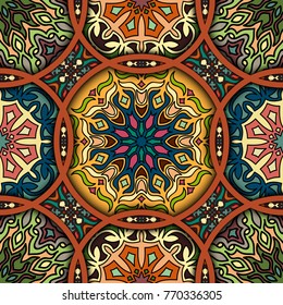 Colorful vintage seamless pattern with floral and mandala elements.Hand drawn background. Can be used for fabric, wallpaper, tile, wrapping, covers and carpet. Islam, Arabic, Indian, ottoman motifs.