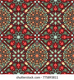 Colorful vintage seamless pattern with floral and mandala elements.Hand drawn background. Can be used for fabric, wallpaper, tile, wrapping, covers and carpet. Islam, Arabic, Indian, ottoman motifs.