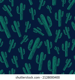 Colorful vintage seamless pattern with green tall cactuses with stems on dark background, vector illustration