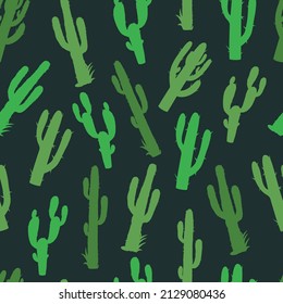 Colorful vintage seamless pattern with green prickly cactuses and grass on dark background, vector illustration