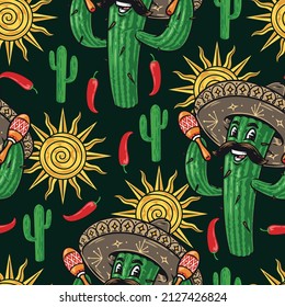 Colorful vintage seamless pattern with Mexican mustached cactus in sombrero shaking maracas, chili peppers, sun on black background, vector illustration