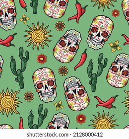 Colorful vintage seamless pattern with Mexican sugar skull with flowers instead of eyes, cactuses, red chili peppers, decorative ornaments and sun, vector illustration