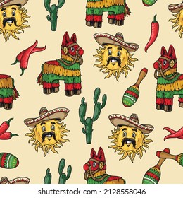 Colorful vintage seamless pattern with mustachioed sun in sombreros, prickly cactuses, maraca, chili pepper and pinata donkeys, vector illustration