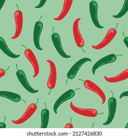 Colorful vintage seamless pattern with red and green chili peppers on light green background, vector illustration