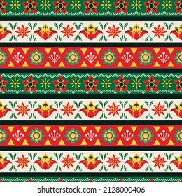 Colorful vintage seamless pattern with red, green and white rows decorated with Mexican ornaments and elements, vector illustration