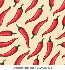 Colorful vintage seamless pattern with red chili peppers on light yellow background, vector illustration
