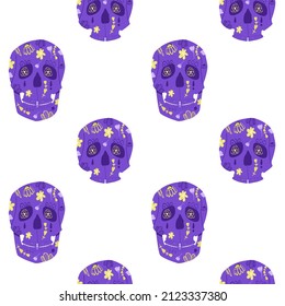 Colorful vintage seamless pattern with scary skulls and hand drawn flowers in purple and yellow on a white background