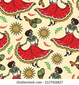 Colorful vintage seamless pattern with skeleton woman with rose in hair dancing, pair of maracas, sun, twigs on light background, vector illustration