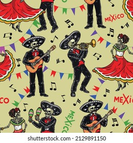 Colorful vintage seamless pattern with skeleton performers in sombreros and charro outfits playing musical instruments, dead woman in dress dancing, vector illustration